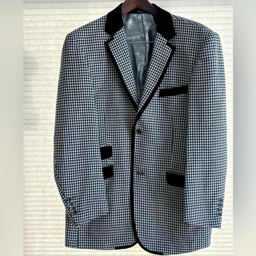 Inserch Sport Coat Italian Loud Houndstooth 44 L Black White 2 Button Blazer